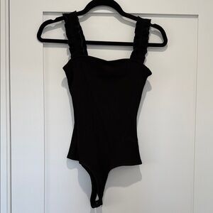Black Ribbed Bodysuit Ruffled Straps